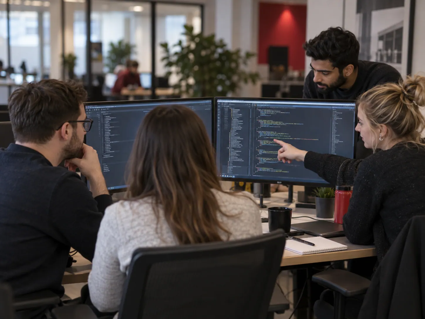 Software engineering team collaborating on a code review